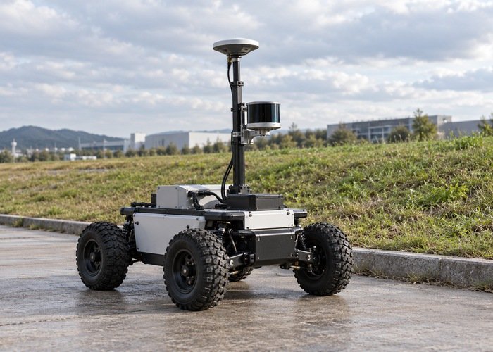 GNSS and lidar research rover parked beside a grassy bank