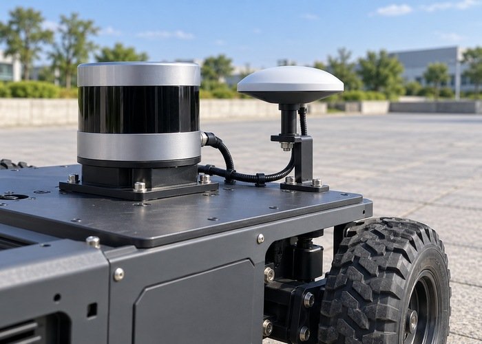 Generic LiDAR robot sensor mounts and GNSS antenna in a stationary outdoor inspection setup