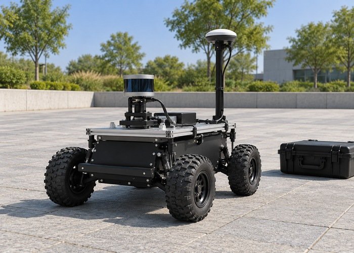 Generic stationary outdoor LiDAR and GNSS robot fixture in a clear test area