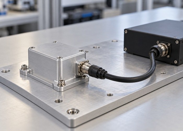 Unbranded IMU enclosure connected on a clean electronics integration bench