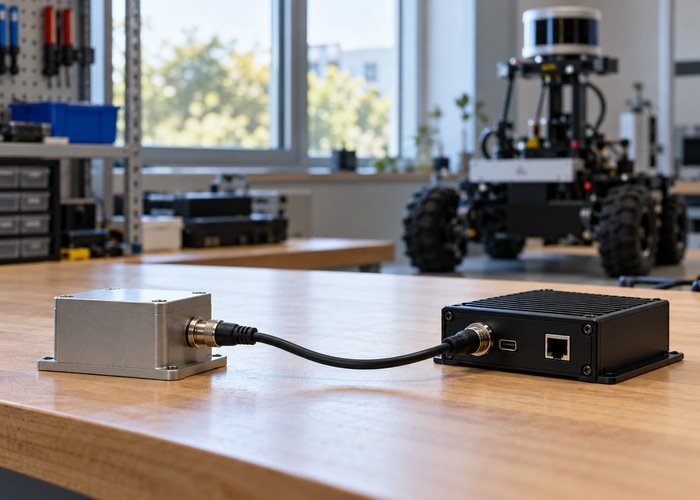 IMU enclosure and data interface on a robotics integration bench