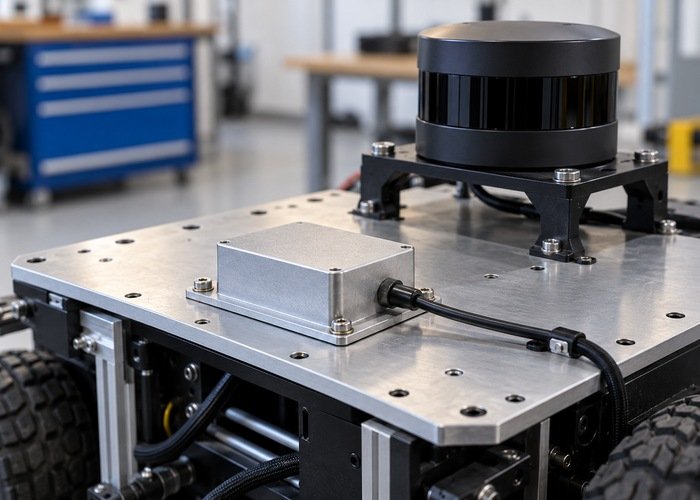 Rigidly mounted IMU enclosure on a level robot deck beside a lidar