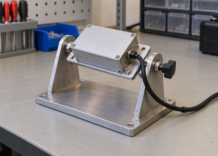 Small IMU enclosure secured in a bench orientation fixture