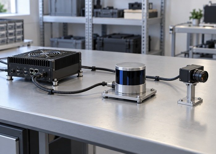 Generic LiDAR and camera fixtures beside an embedded computer on a laboratory qualification bench