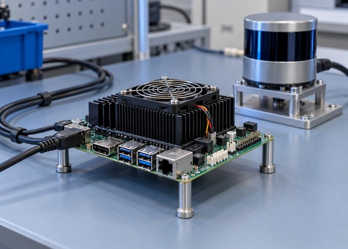 Generic embedded computer cooling hardware beside a securely mounted LiDAR on a laboratory bench