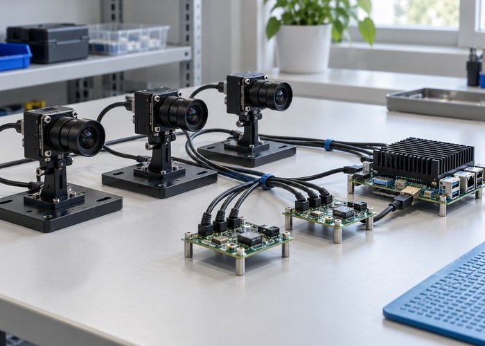 Generic camera modules and supported interface boards arranged for a multi-camera bench test
