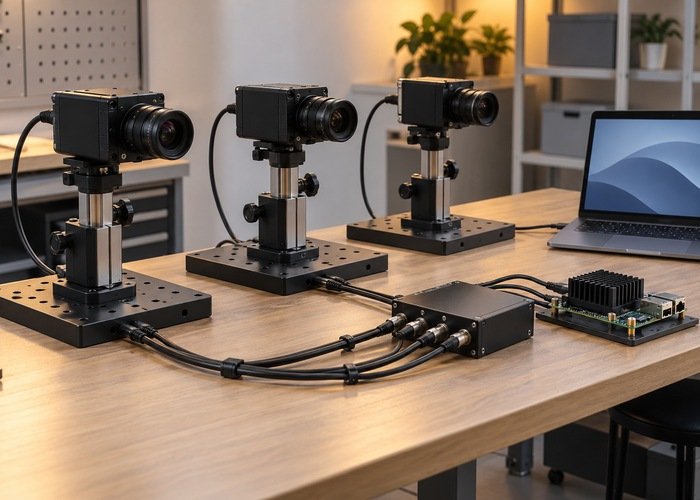 Several supported generic cameras connected to a tidy laboratory capture fixture