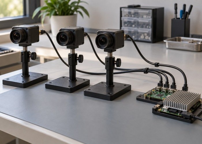 Three generic cameras and supported interface hardware on a clean electronics bench