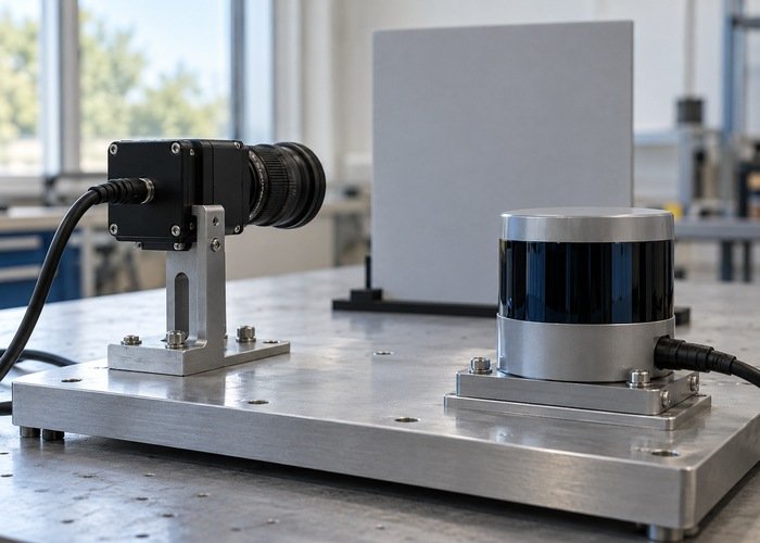 Generic industrial camera and LiDAR mounts on a stable laboratory alignment fixture