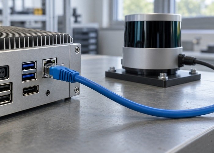 Generic LiDAR Ethernet connector and test computer interfaces on a laboratory bench