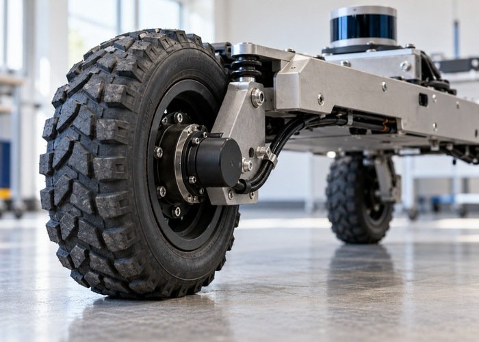 Robot wheel hub and encoder cable beneath a lidar-equipped chassis