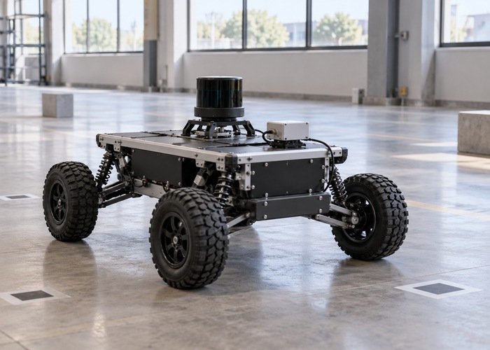 Lidar-equipped robot parked in a clear laboratory test lane