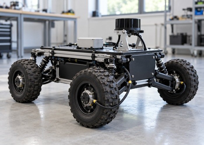 Lidar research robot with wheel sensors and an IMU in a laboratory