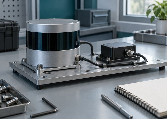 Rigid LiDAR and inertial sensor fixture resting on a laboratory inspection bench
