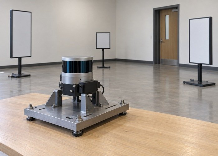 Supported sensor fixture in an empty lab with rigid structures at several depths