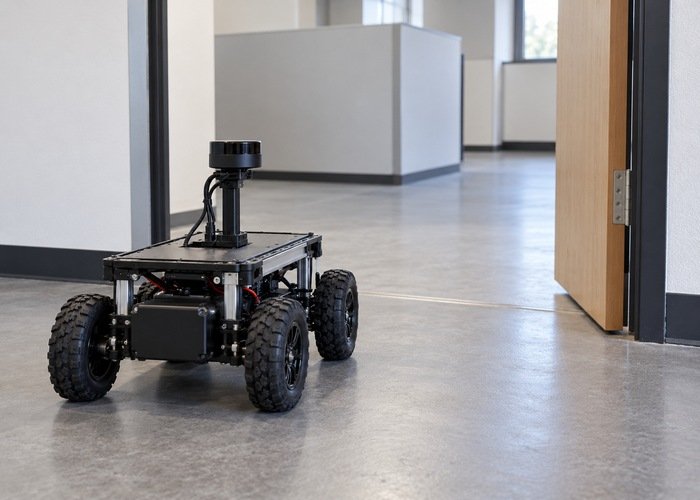 Lidar research robot parked in a clear indoor mapping area