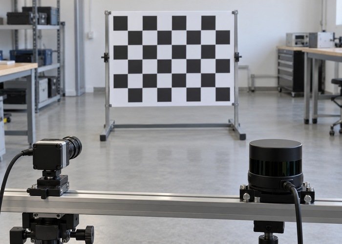 Checkerboard target on a stable stand in a clear robotics calibration space