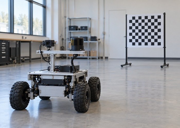 Camera and lidar research rover beside a checkerboard target