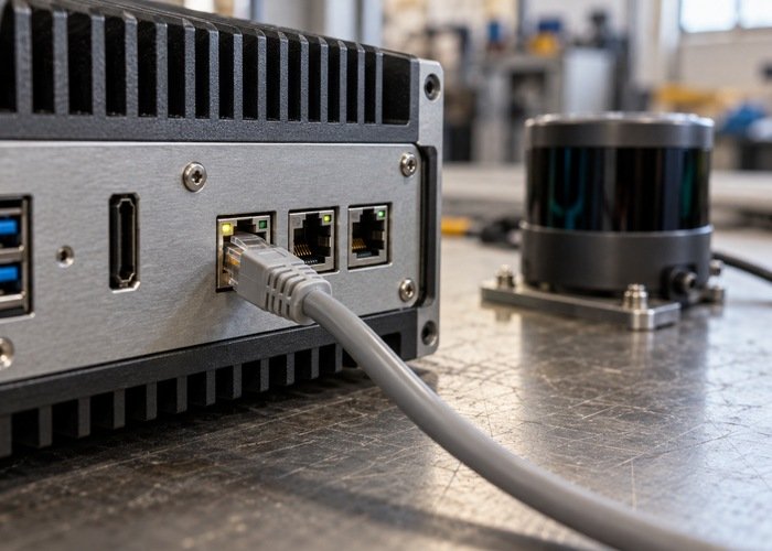 Close view of an Ethernet connection on a generic LiDAR test computer