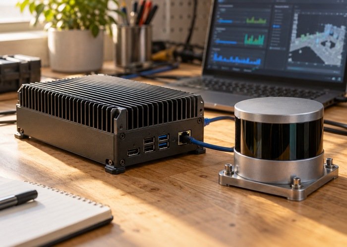 Generic fanless computer beside a LiDAR sensor during a bench load test