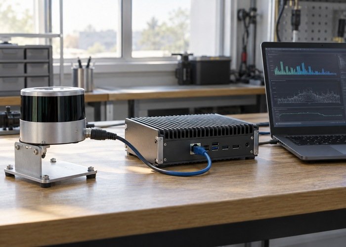 Generic LiDAR sensor, industrial computer and laptop on a laboratory workbench
