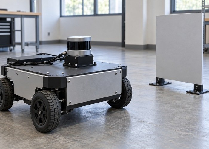 Generic rectangular LiDAR robot with visible body corners in a stationary test fixture