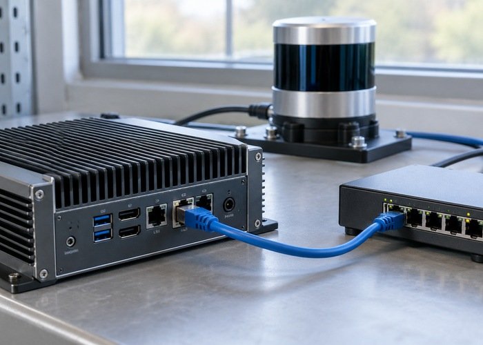 Generic LiDAR Ethernet cabling and a compact test computer arranged for bounded diagnostic capture