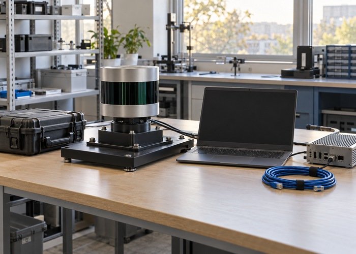 Generic laboratory LiDAR test fixture with a laptop and organized diagnostic accessories