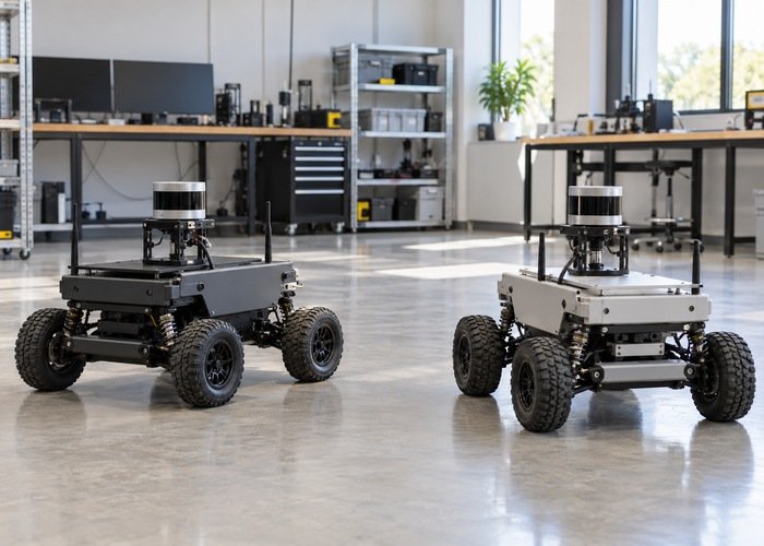 Two separate lidar research robots parked in a laboratory