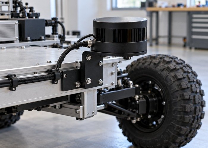Lidar mounting bracket and secured cables on a stationary research rover