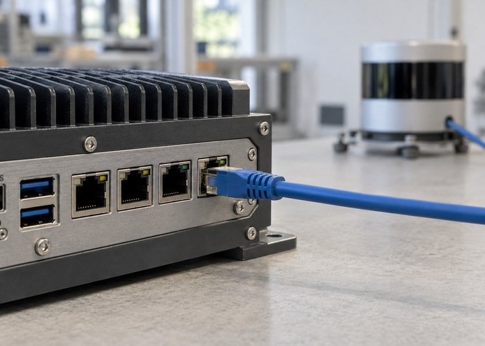 Single Ethernet cable connected to a generic industrial computer beside a LiDAR sensor