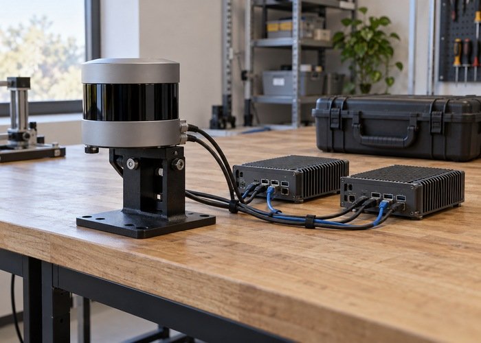 Generic LiDAR test setup with a compact computer on a robotics workbench