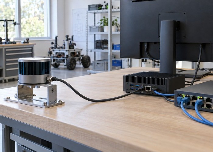 Generic LiDAR sensor connected to a computer and network switch on a lab bench