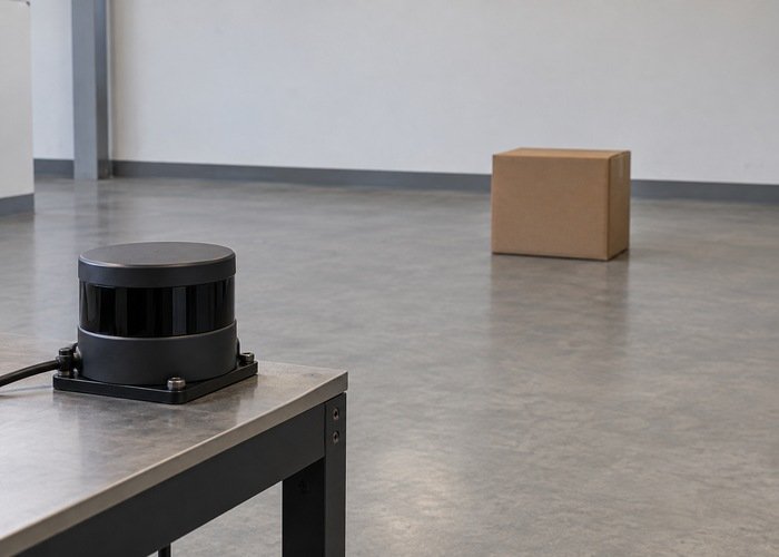 Generic LiDAR on a stable bench facing a matte cardboard box in an empty test area