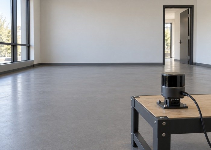 Empty matte-floor test area behind a supported generic LiDAR after a box has been removed