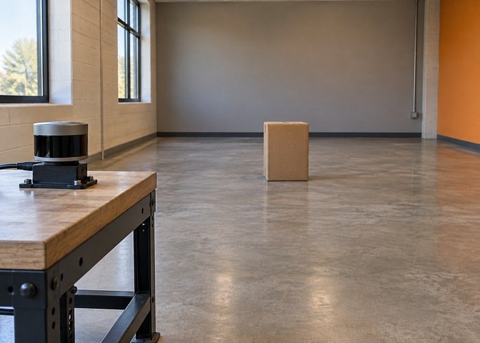 Generic bench-mounted LiDAR observing a matte box in an empty test room