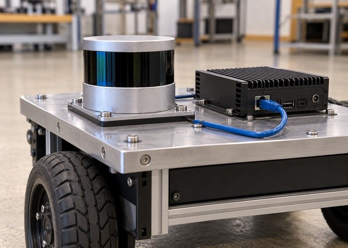 Generic mounted LiDAR and embedded computer on a stationary robot diagnostic fixture
