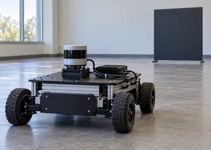 Generic stationary LiDAR robot in a clear indoor diagnostic bay