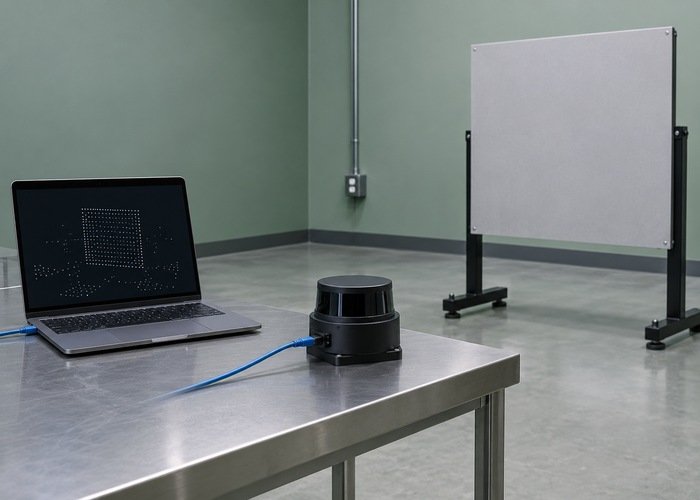 Generic LiDAR and test computer on a stable bench facing a matte target
