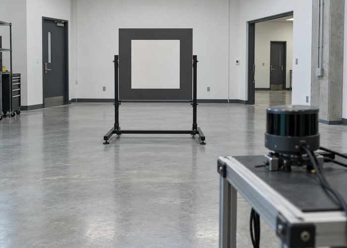 Stable matte target and securely supported LiDAR in an uncluttered robotics test room