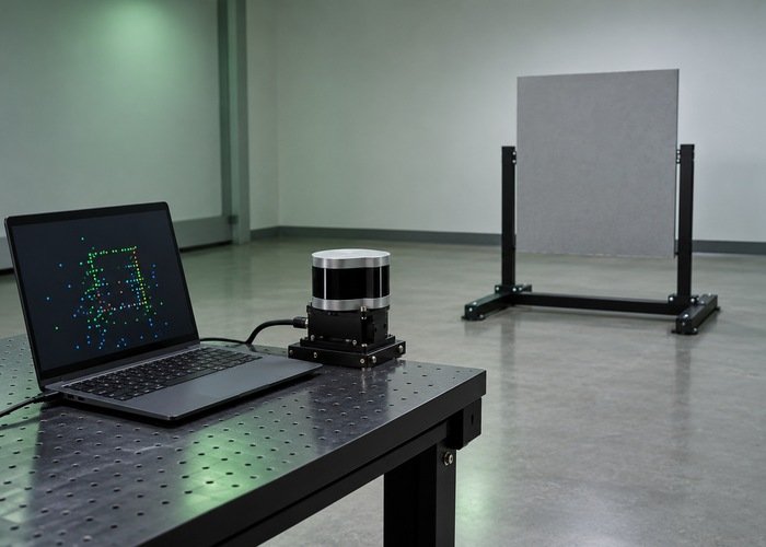 Generic LiDAR and laptop facing a stable matte target in a robotics lab