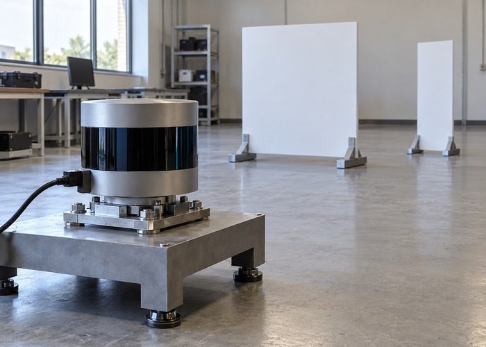 Generic LiDAR on a stable test stand beside a simple indoor target arrangement