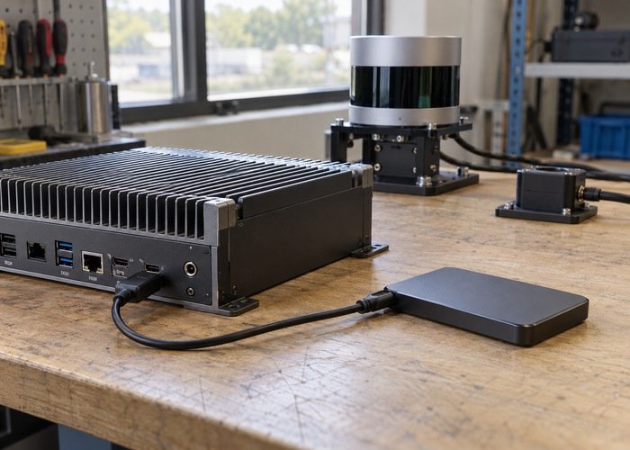 Generic industrial computer and external storage drive on a LiDAR recording workbench