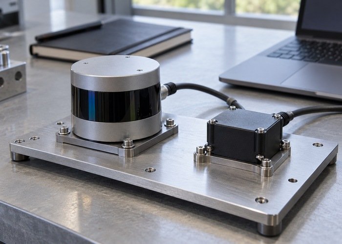 Generic LiDAR and small IMU module mounted together on a laboratory test plate