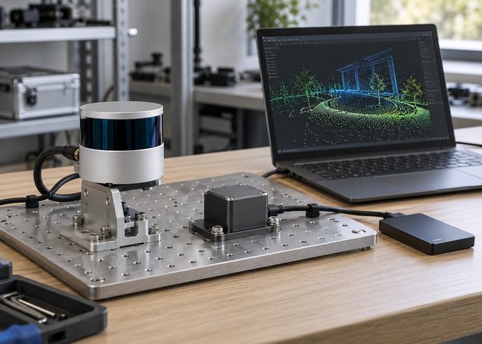 Generic LiDAR and IMU fixture beside a laptop and storage drive on a recording workbench