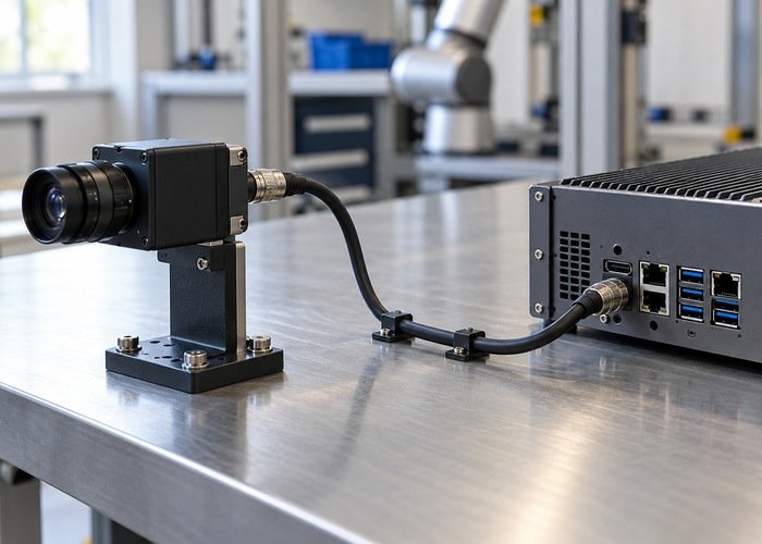 Industrial camera connected by a secured cable to an enclosed robotics computer