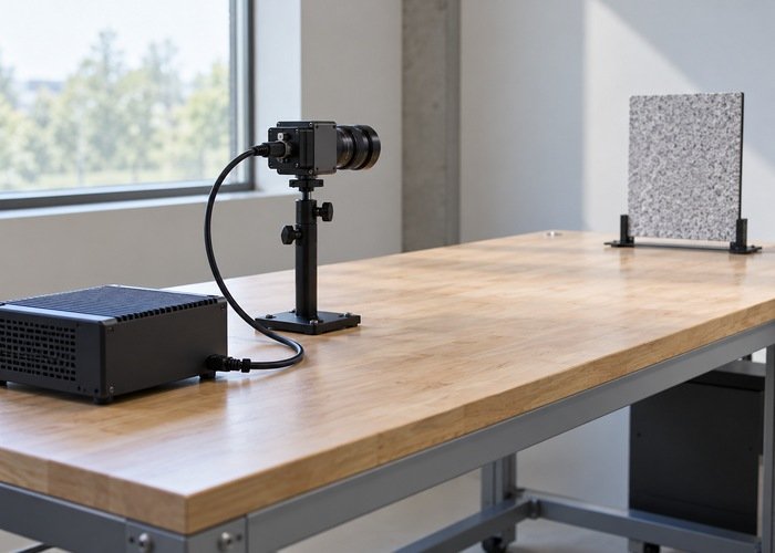 Camera and enclosed computer on a clear robotics integration bench