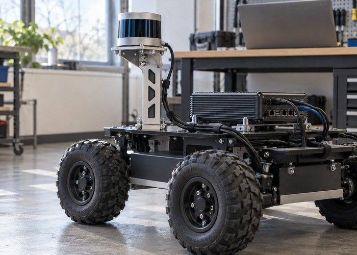 Generic LiDAR test platform beside a compact computer in a robotics laboratory