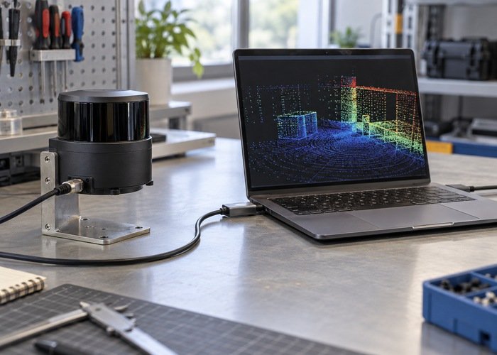 Generic LiDAR sensor on a workbench beside a laptop used for a reception test