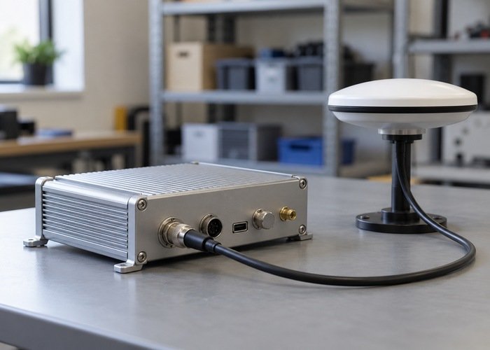 Generic GNSS receiver enclosure and antenna connected on a tidy integration bench